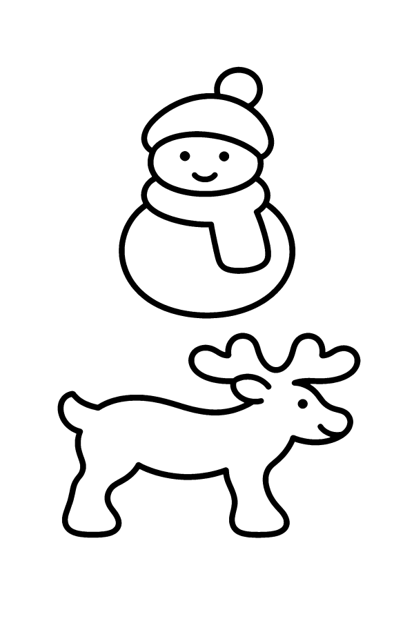 Disegno di Natale da colorare: un pupazzo di neve e una renna da ritagliare