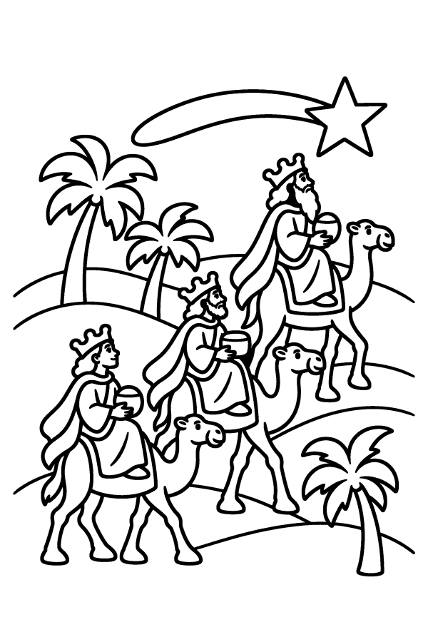Disegno di Natale da colorare: i Re Magi sui cammelli seguono la stella cometa