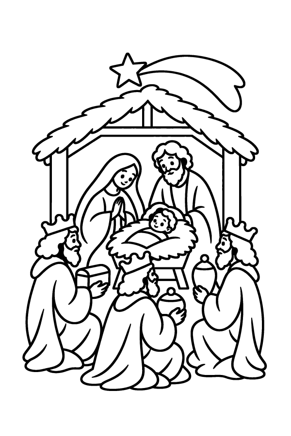 Disegno di Natale da colorare: i Re Magi portano i doni a Gesù Bambino