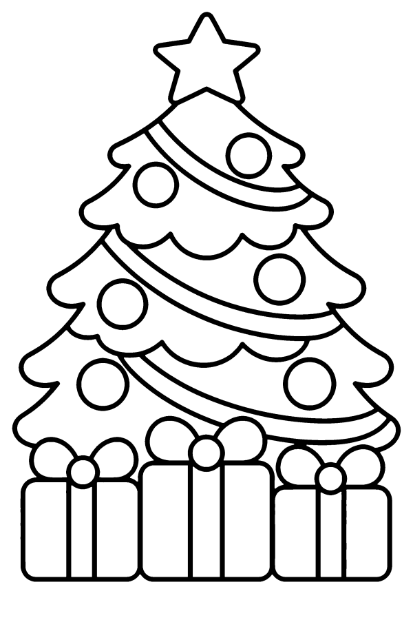 Disegno di Natale da colorare: i regali sotto l'albero di Natale addobbato