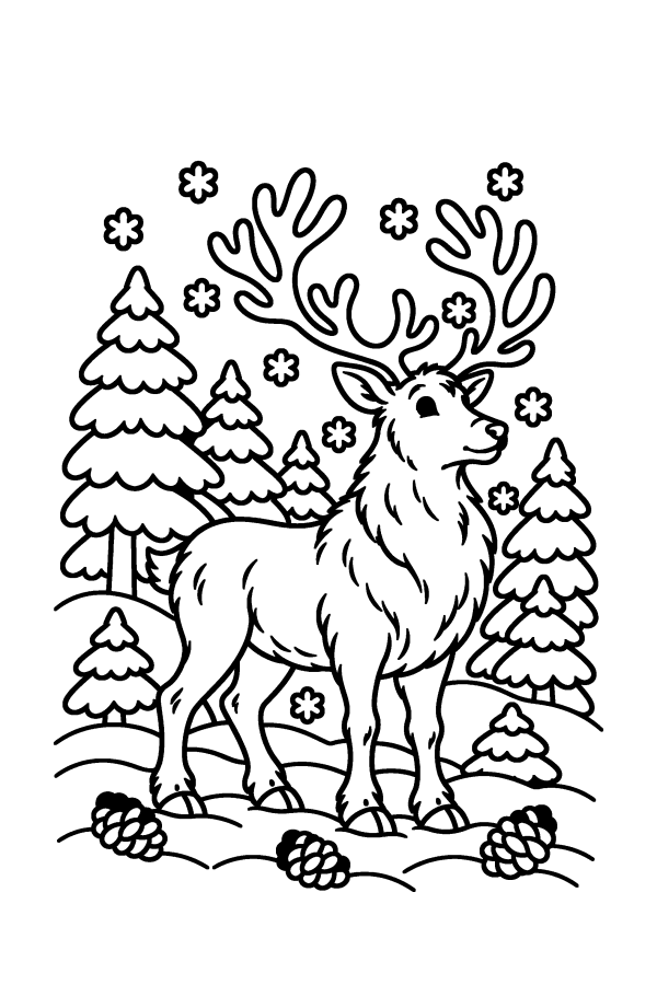 Disegno di Natale da colorare: una renna nel bosco innevato