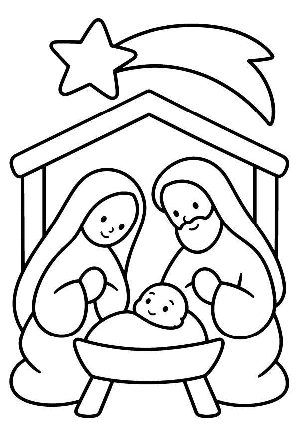 Disegno di Natale da colorare: Maria, Giuseppe e Gesù Bambino nella capanna