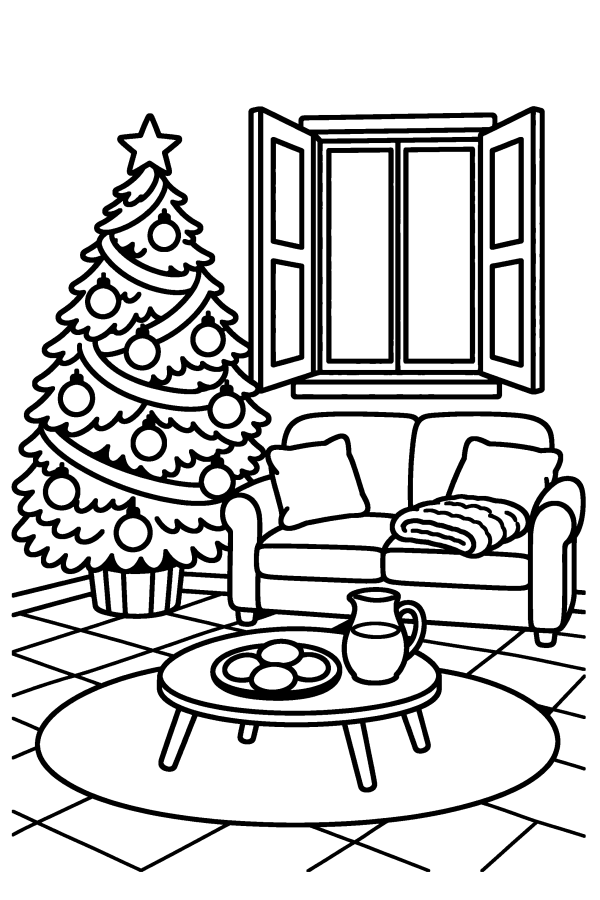 Disegno di Natale da colorare: l'albero di Natale in un salotto accogliente