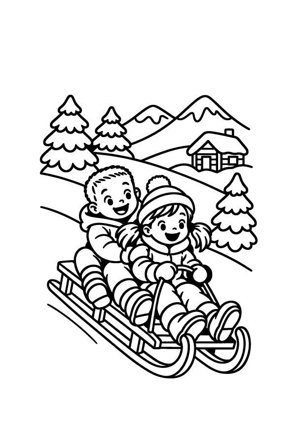 Disegno di Natale da colorare: due bambini scendono in slittino sulla neve