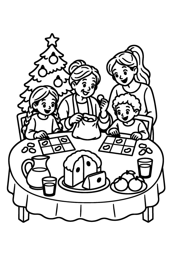Disegno di Natale da colorare: la famiglia gioca a tombola a Natale