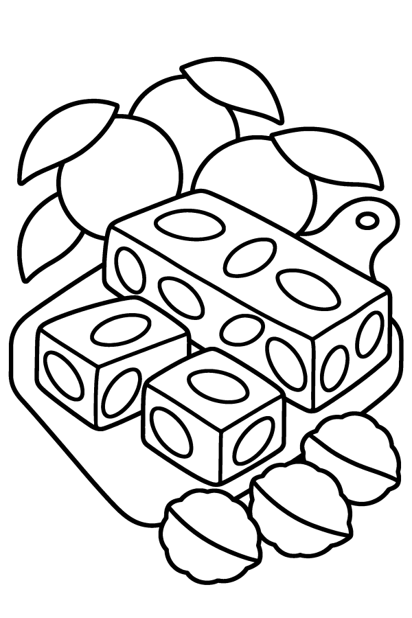 Disegno di Natale da colorare: il torrone con i mandarini e le noci