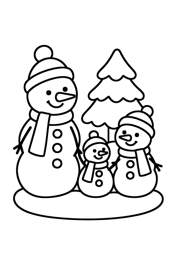 Disegno di Natale da colorare: una famiglia di pupazzi di neve