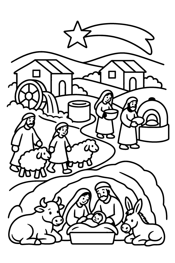 Disegno di Natale da colorare: il villaggio del presepe con la grotta e i pastori