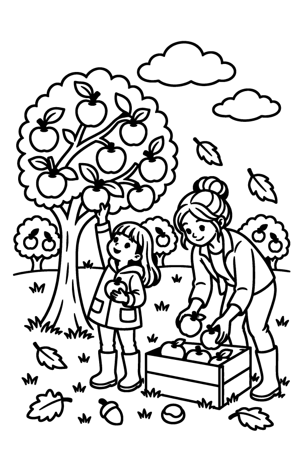 Kleurplaat herfst: een moeder en een kind plukken appels in de boomgaard en doen ze in een houten kist