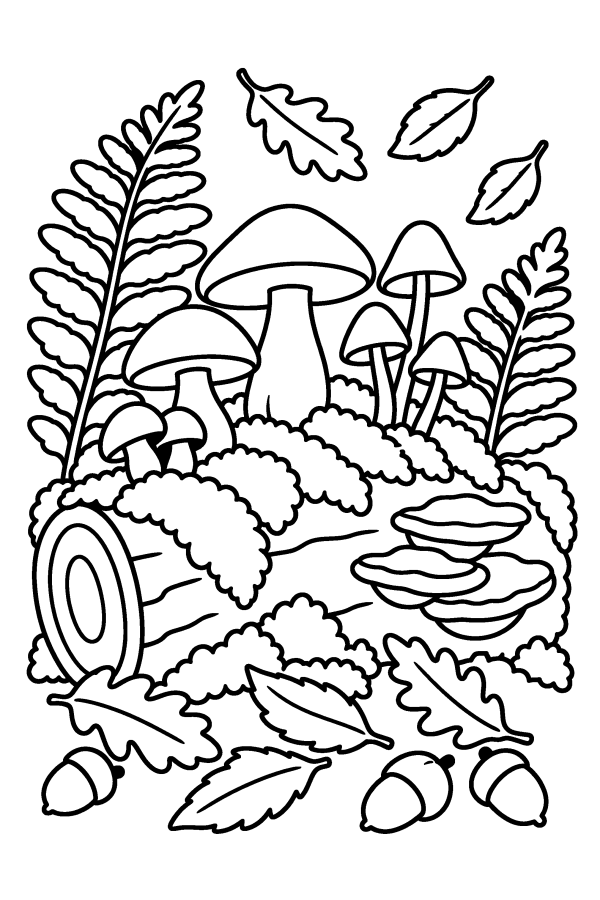 Kleurplaat herfst: paddenstoelen en mos op een omgevallen boomstam