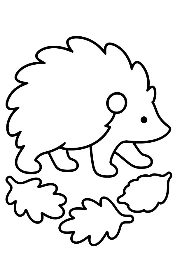 Kleurplaat herfst: een egel loopt tussen de herfstbladeren