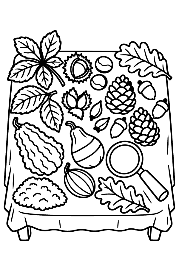 Kleurplaat herfst: de herfsttafel in de klas met kastanjes, eikels, dennenappels, bladeren, sierkalebassen en een vergrootglas