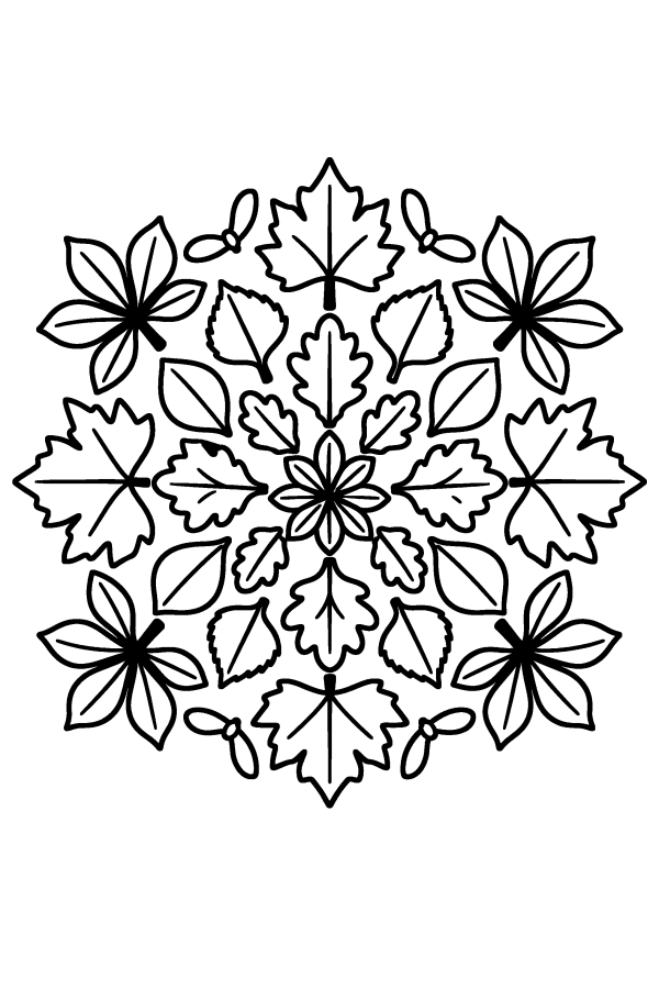Kleurplaat herfst: een ronde mandala van allerlei herfstbladeren