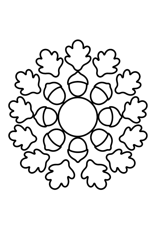 Kleurplaat herfst: een ronde mandala van eikels en eikenbladeren