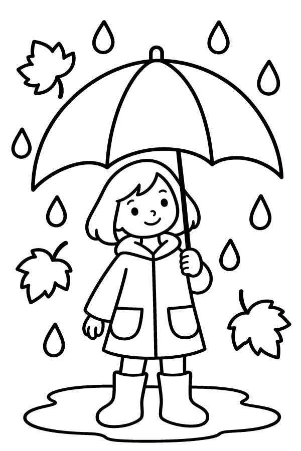 Kleurplaat herfst: een kind met een paraplu en regenlaarzen in de regen