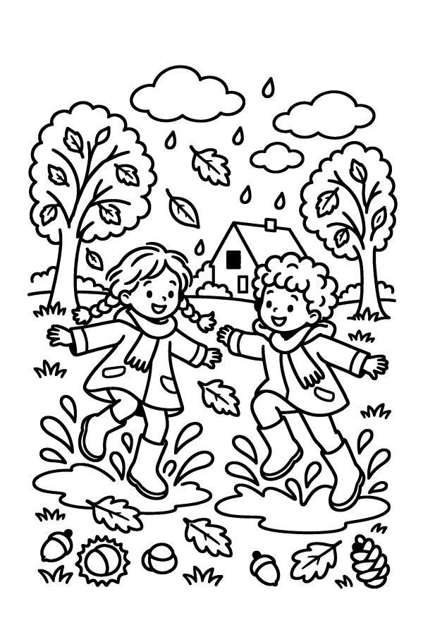 Kleurplaat herfst: twee kinderen springen in de plassen