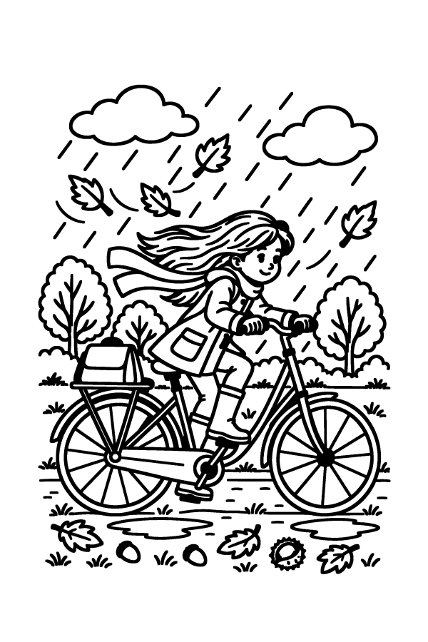 Kleurplaat herfst: een kind fietst in de regen tegen de wind in naar school