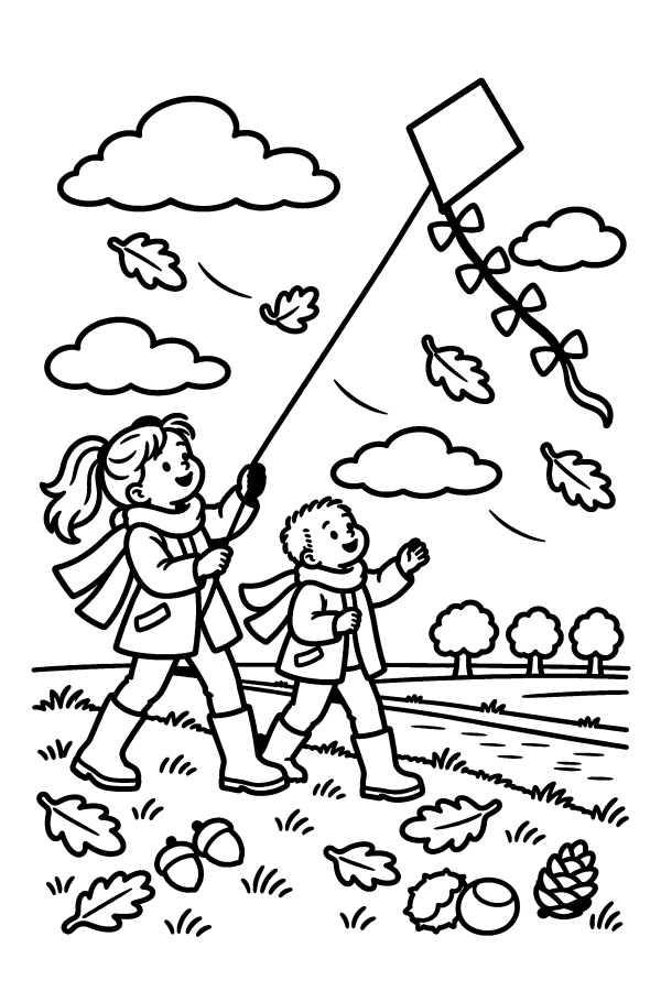 Kleurplaat herfst: twee kinderen vliegeren op de dijk
