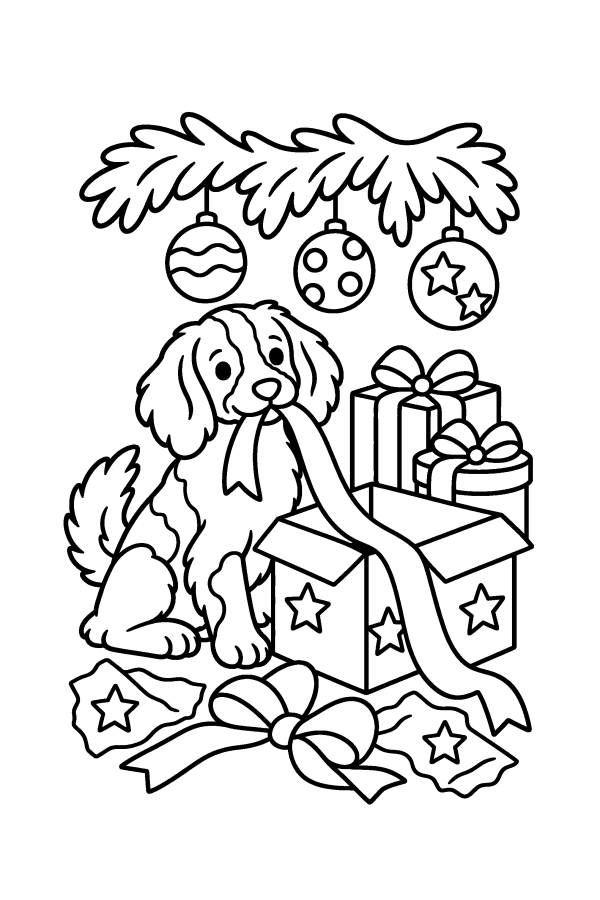 Kleurplaat kerst: een hondje speelt met het lint van een cadeau