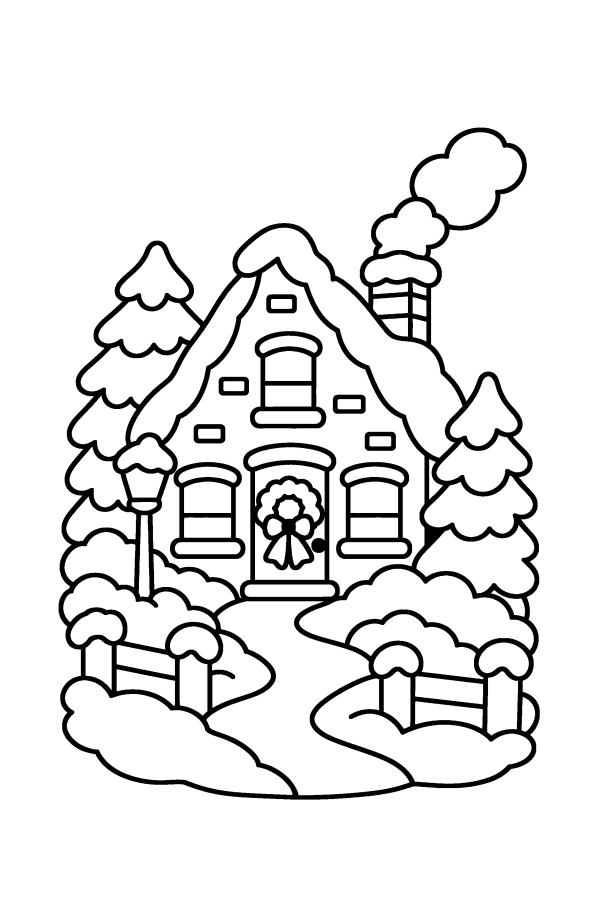 Kleurplaat kerst: een klein huisje in de sneeuw