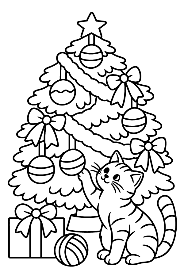 Kleurplaat kerst: een kat speelt met een kerstbal onder de kerstboom