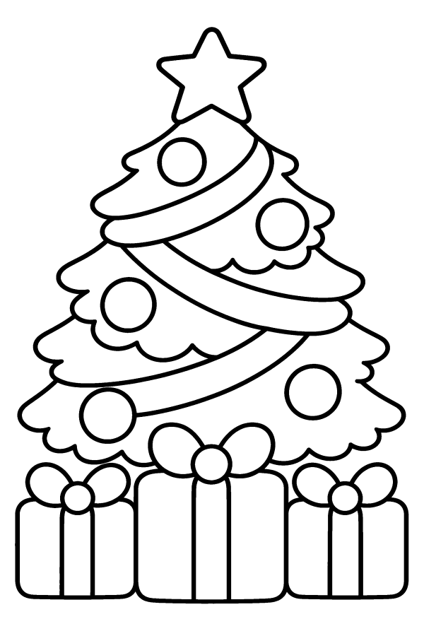 Kleurplaat kerst: cadeaus onder de versierde kerstboom