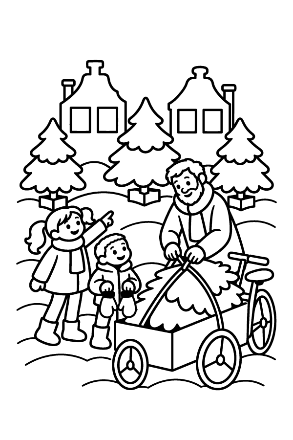 Kleurplaat kerst: een gezin koopt een kerstboom en neemt hem mee op de bakfiets
