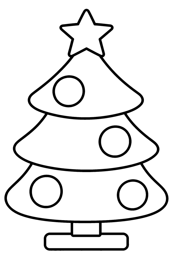 Kleurplaat kerst: een grote kerstboom met een ster en kerstballen