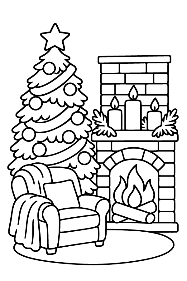 Kleurplaat kerst: de kerstboom en de open haard in een gezellige woonkamer