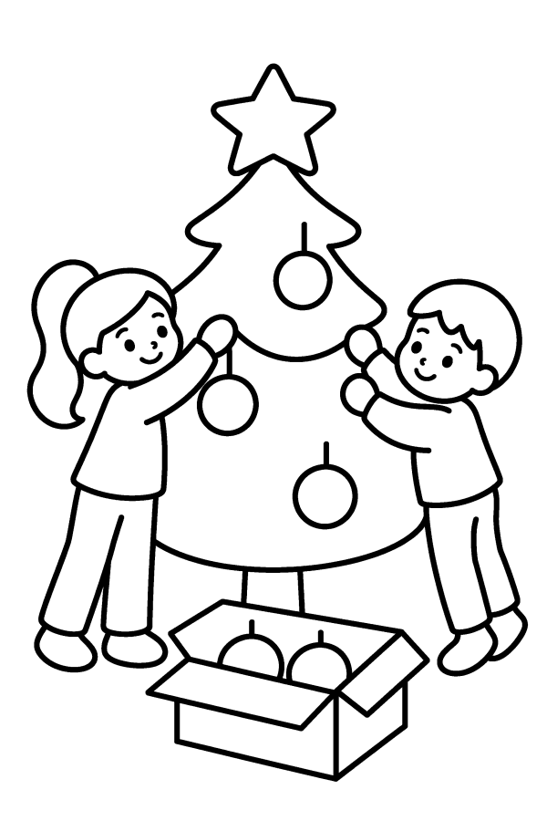 Kleurplaat kerst: twee kinderen versieren samen de kerstboom