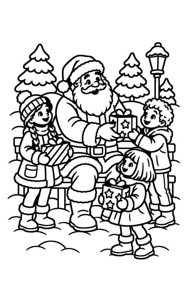 Kleurplaat kerst: de kerstman geeft drie kinderen een cadeau