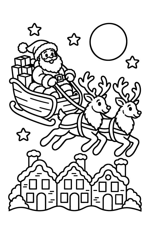 Kleurplaat kerst: de kerstman vliegt met zijn slee en twee rendieren over de daken