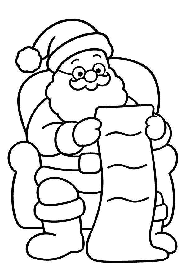 Kleurplaat kerst: de kerstman leest een lange verlanglijst in zijn stoel
