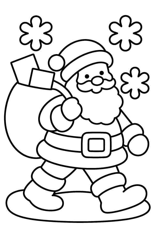 Kleurplaat kerst: de kerstman loopt door de sneeuw met een zak vol cadeaus