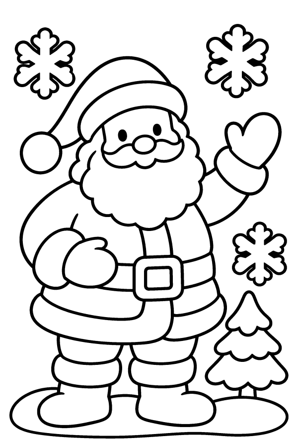 Kleurplaat kerst: de kerstman zwaait in de sneeuw