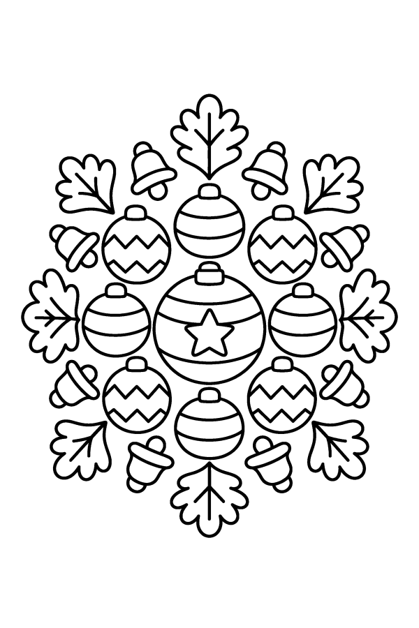 Kleurplaat kerst: een ronde mandala van kerstballen en belletjes