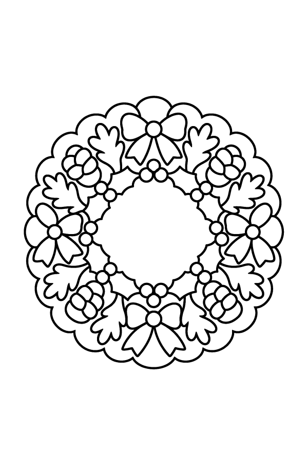 Kleurplaat kerst: een ronde mandala in de vorm van een kerstkrans