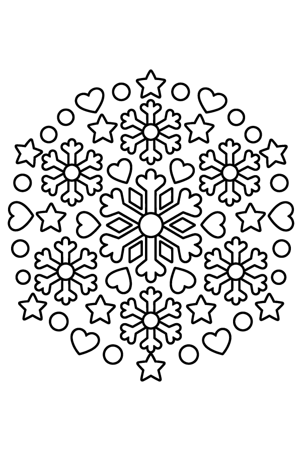 Kleurplaat kerst: een ronde mandala van sneeuwvlokken, hartjes en sterren