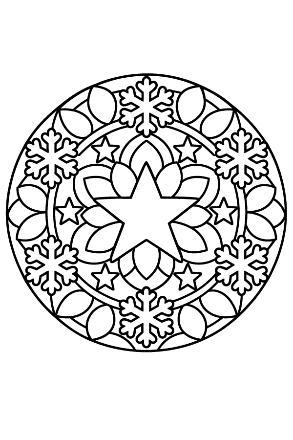 Kleurplaat kerst: een ronde mandala met een grote ster in het midden