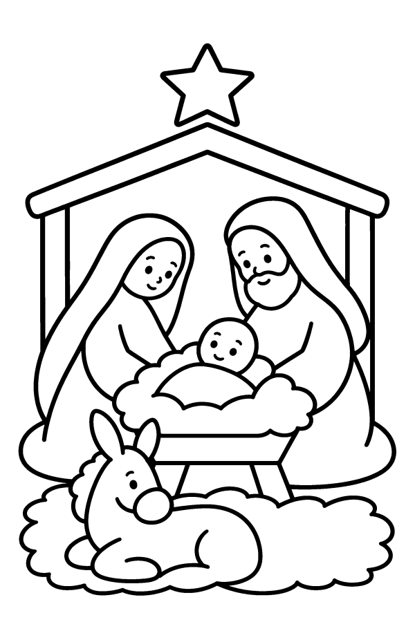 Kleurplaat kerst: Maria, Jozef en het kindje Jezus in de stal