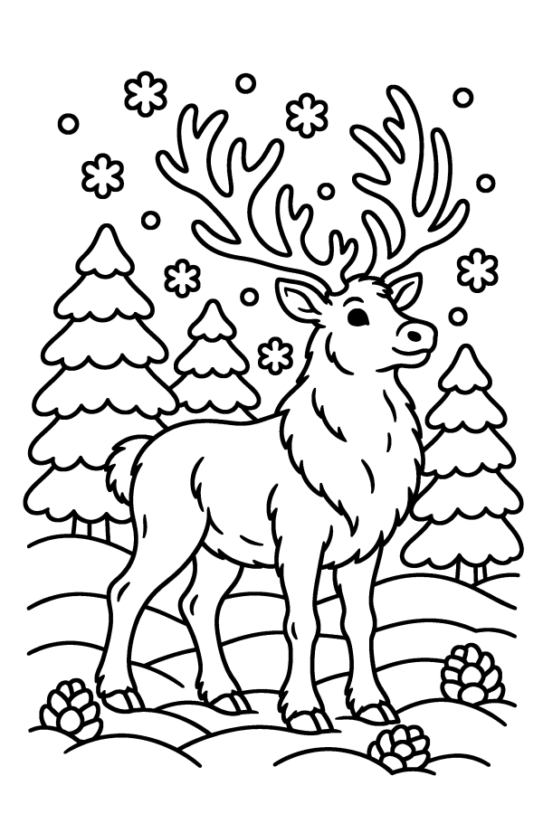 Kleurplaat kerst: een rendier staat in een besneeuwd bos