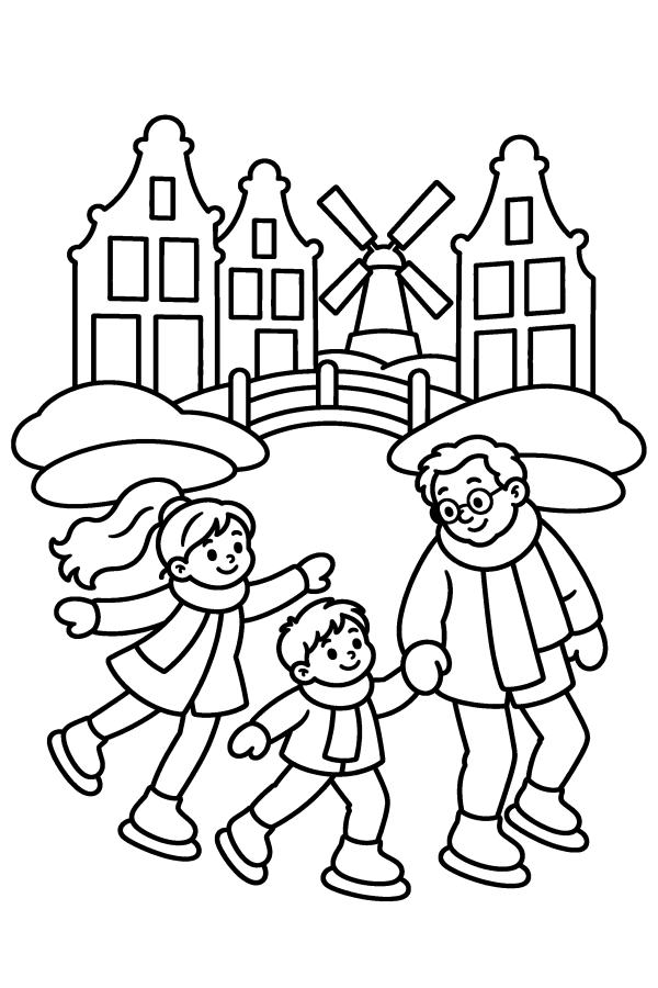 Kleurplaat kerst: kinderen schaatsen op de bevroren gracht met een molen in de verte