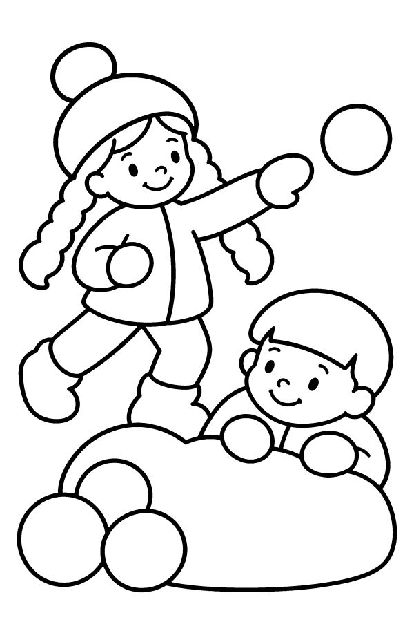 Kleurplaat kerst: twee kinderen gooien met sneeuwballen