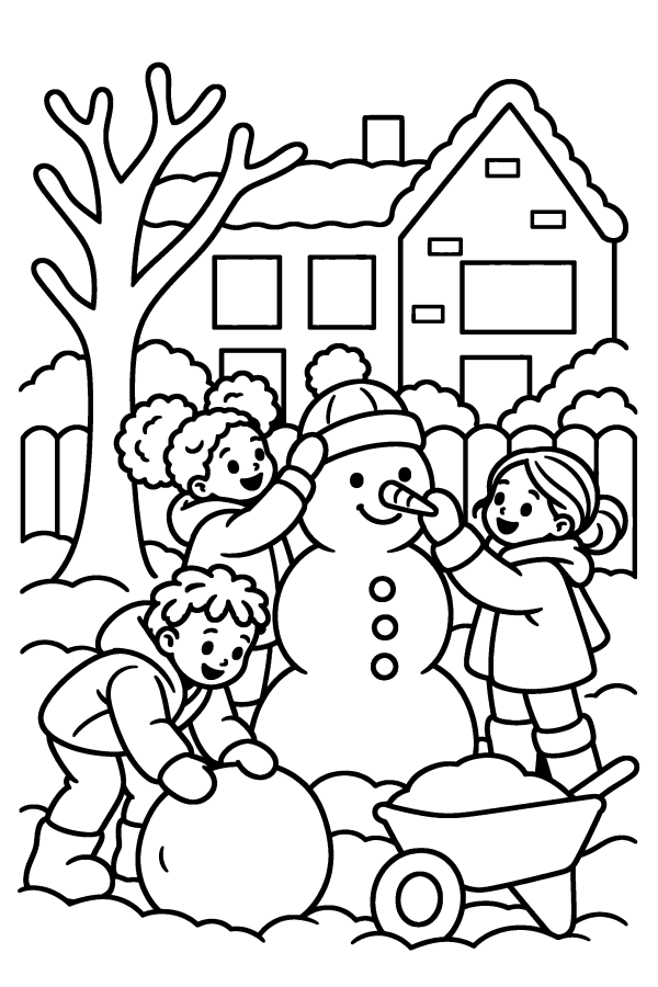 Kleurplaat kerst: drie kinderen maken een sneeuwpop in de tuin