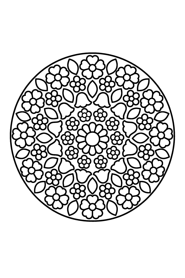 Kleurplaat mandala: allerlei bloemen in een grote kring