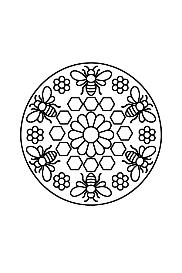 Kleurplaat mandala: bijen en een honingraat rond een bloem