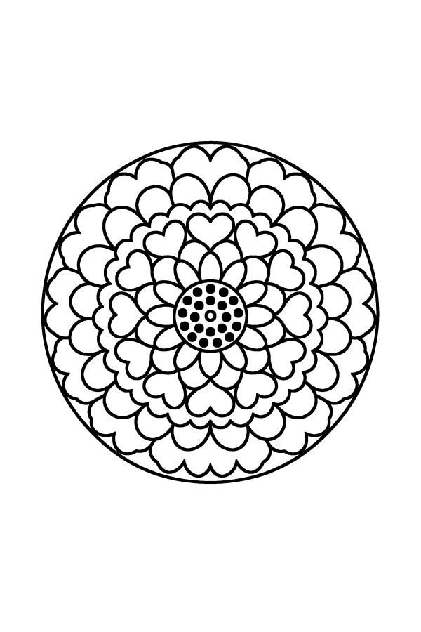 Kleurplaat mandala: een fijne bloemmandala met veel ringen ronde blaadjes