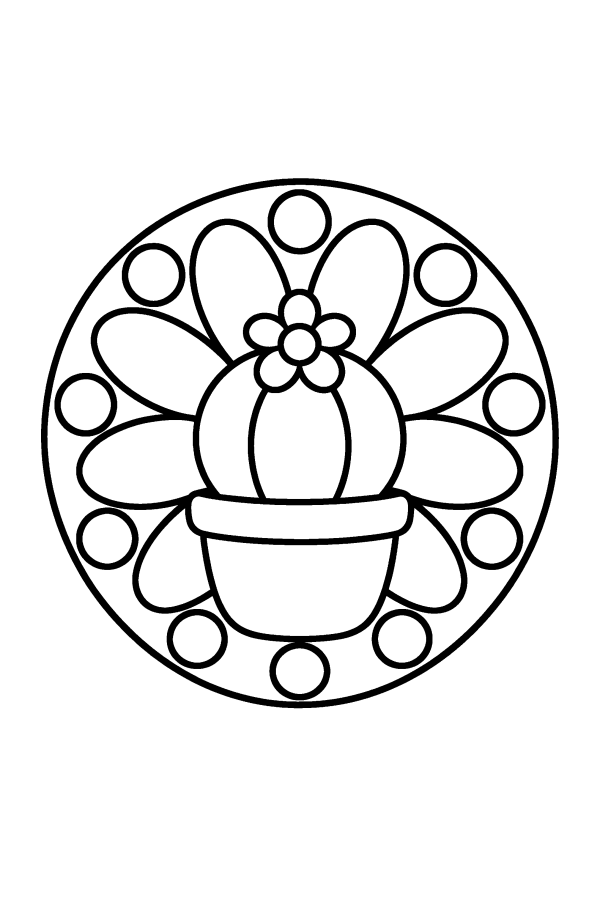 Kleurplaat mandala: een ronde cactus in een pot, met een cirkel van patronen erachter