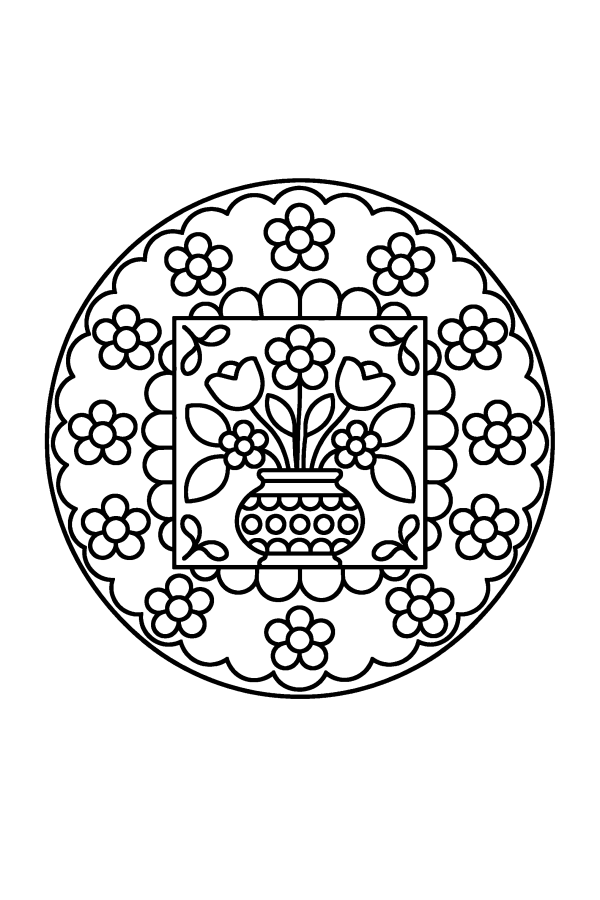 Kleurplaat mandala: een Delfts blauw tegeltje met een vaas bloemen