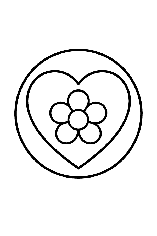 Kleurplaat mandala: een groot hart met een bloem erin